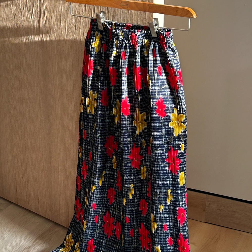 ANDREA FENZI Red and Yellow Floral Maxi Skirt Pleated
